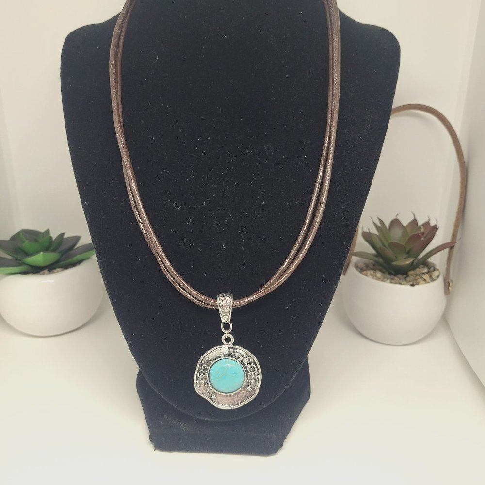 15" (3) Strand Distressed Leather Necklace with Turquoise Pendant & Toggle Clasp